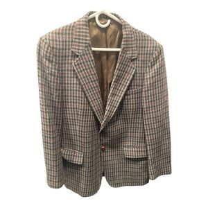 VINTAGE Tweed Jacket Men’s Gray Red Glen Plaid 100% Wool Blazer Sport Coat 42R